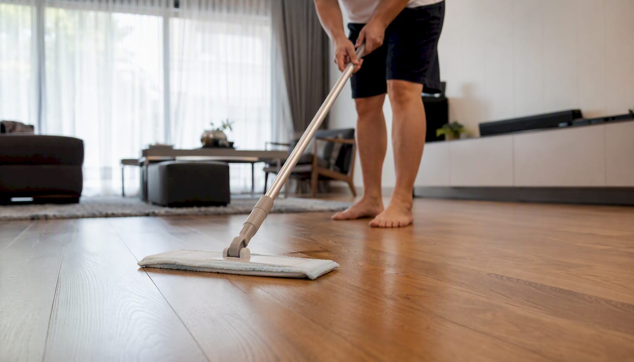 Hands damp-mopping engineered wood floor