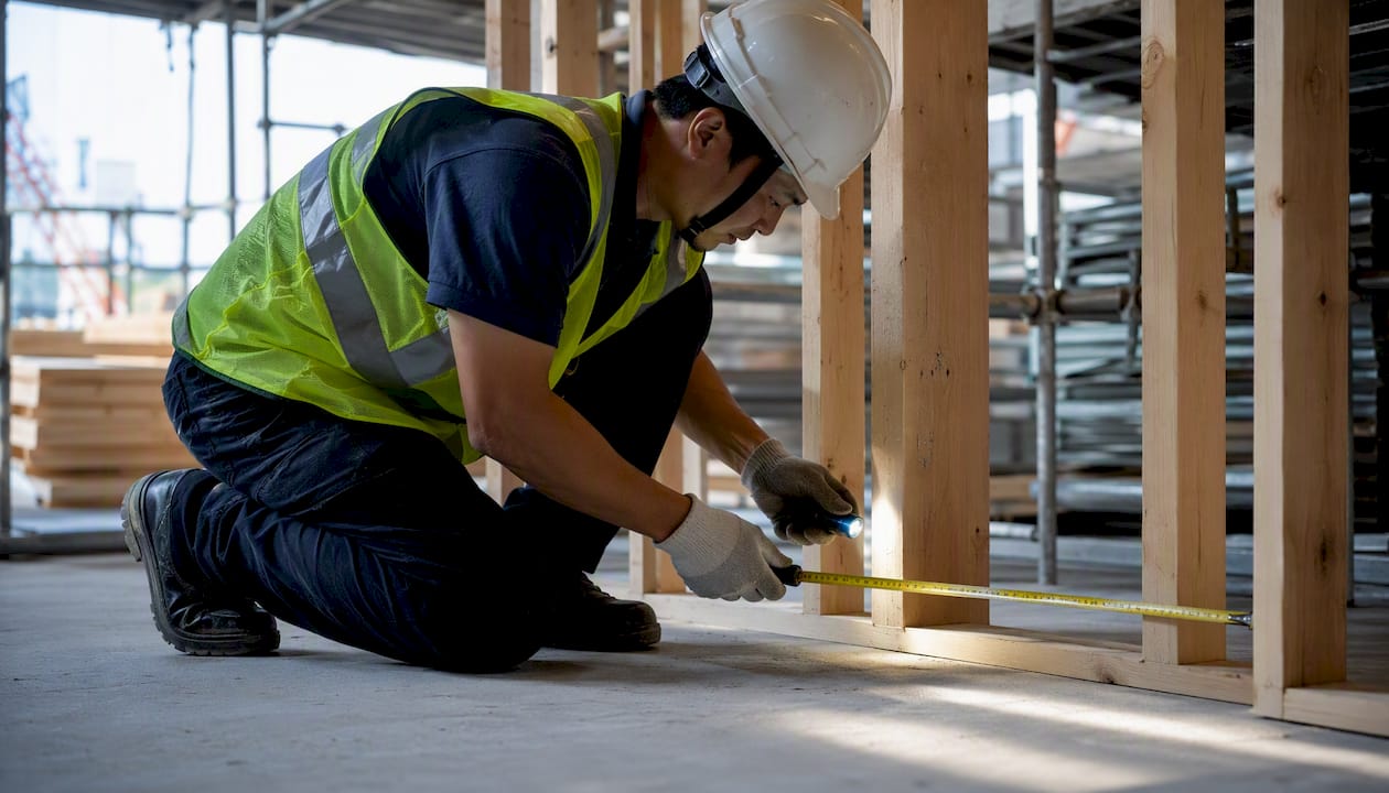 Inspector checking wooden frame of new home