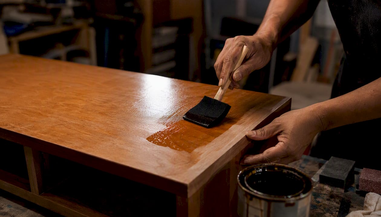 Applying wood finish on TV console surface