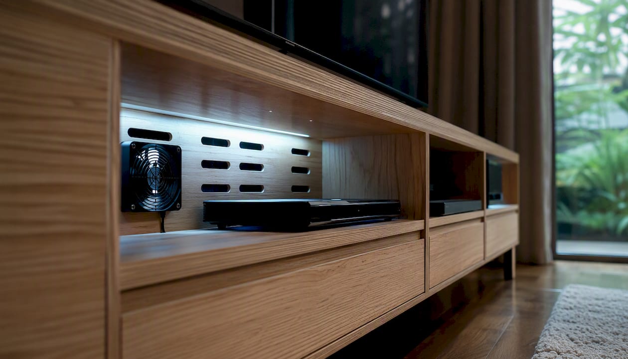 Ventilated TV console electronics setup