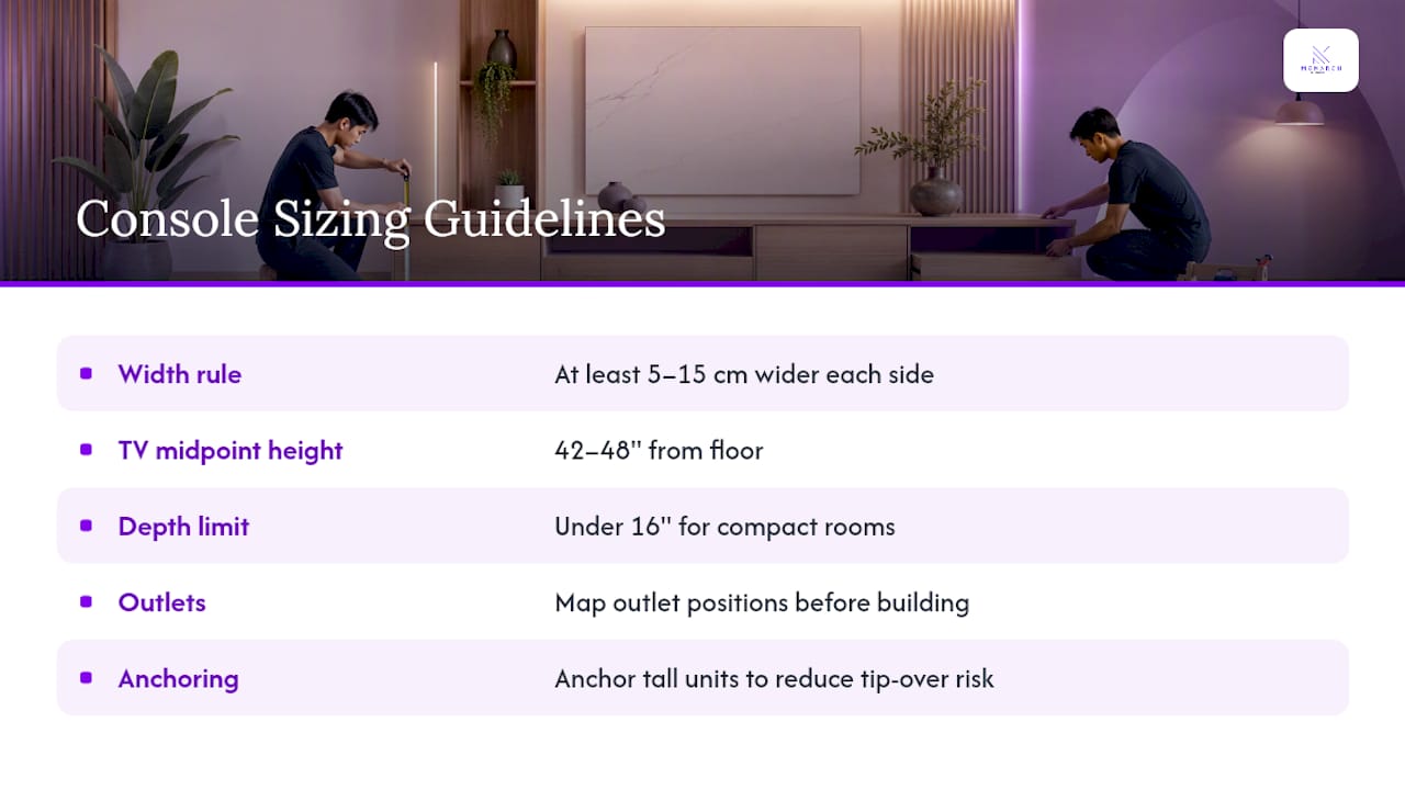 Diagram explaining TV console sizing guidelines