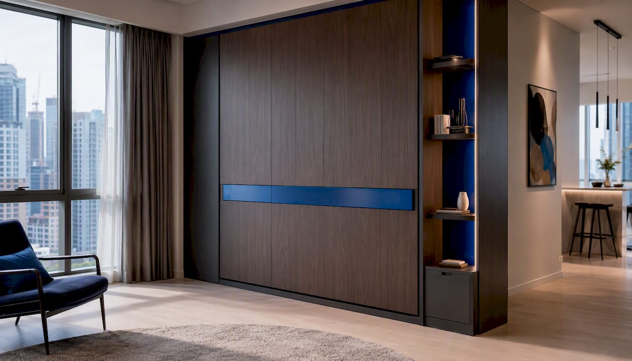 Modern Murphy bed cabinet folded up in apartment