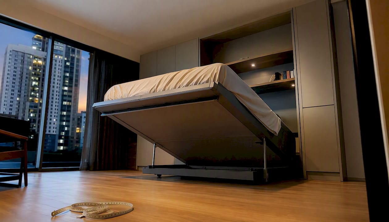 Murphy bed folding down with clearance space