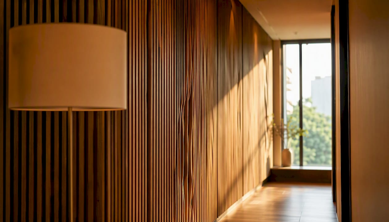 Fluted wooden panel wall close-up in modern home