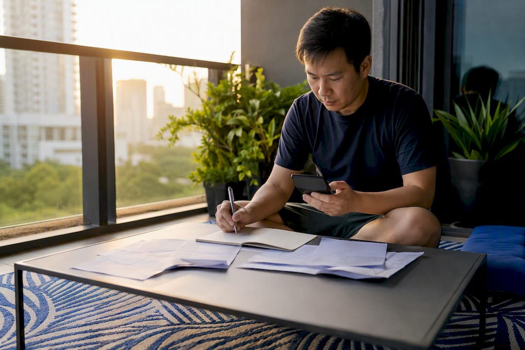 Homeowner calculating expenses at dining table