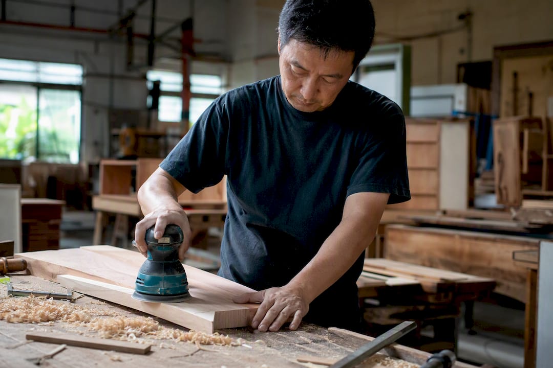 Asian carpenter hands measuring hardwood in workshop