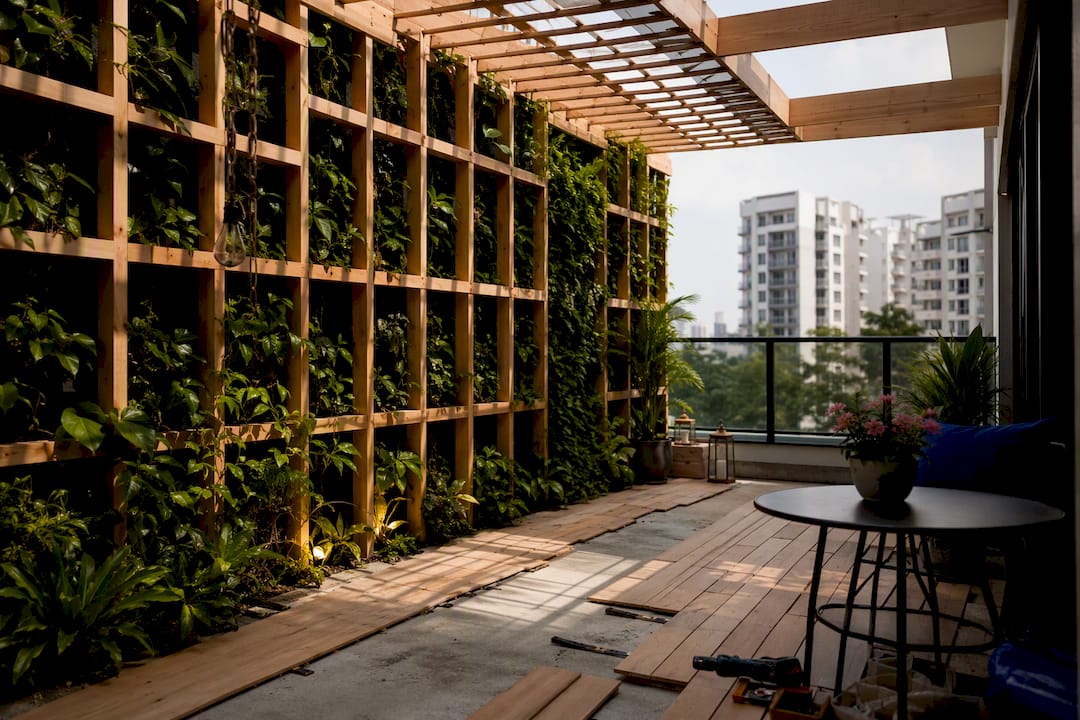 Interlocking deck tiles on compact balcony floor