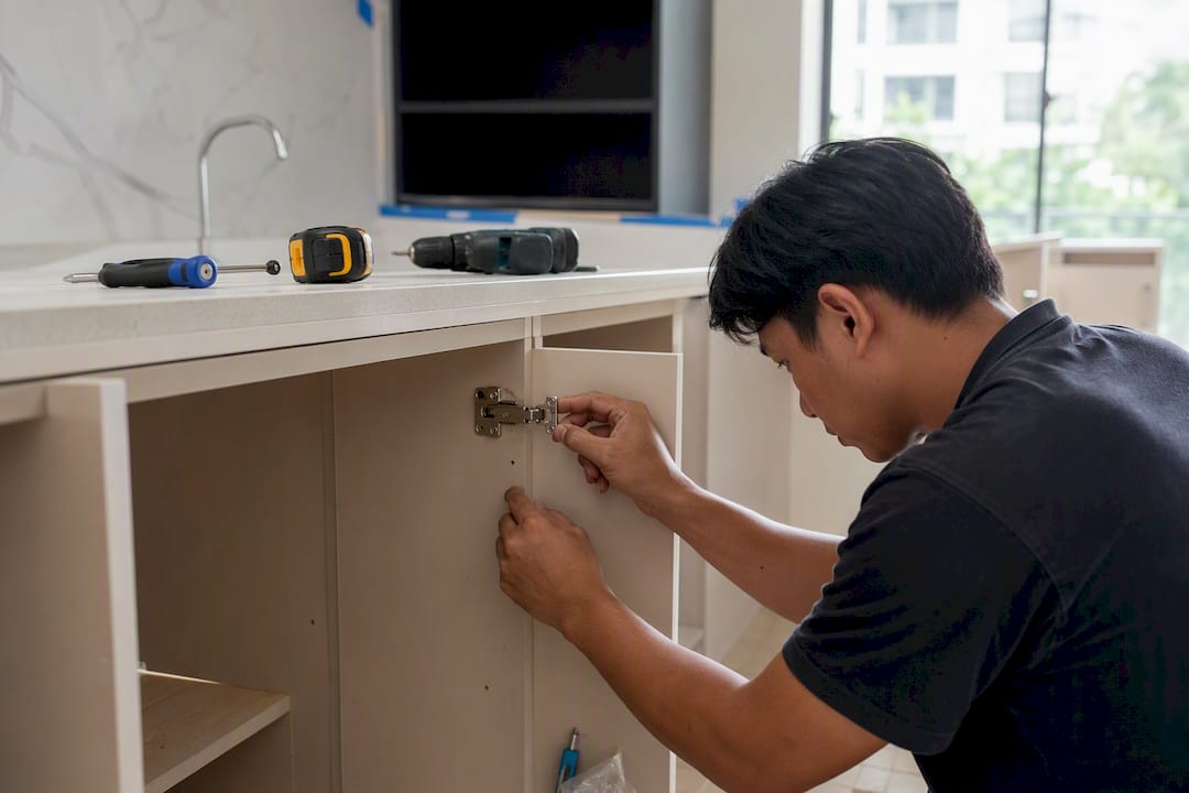 Carpenter hands installing cabinet hardware