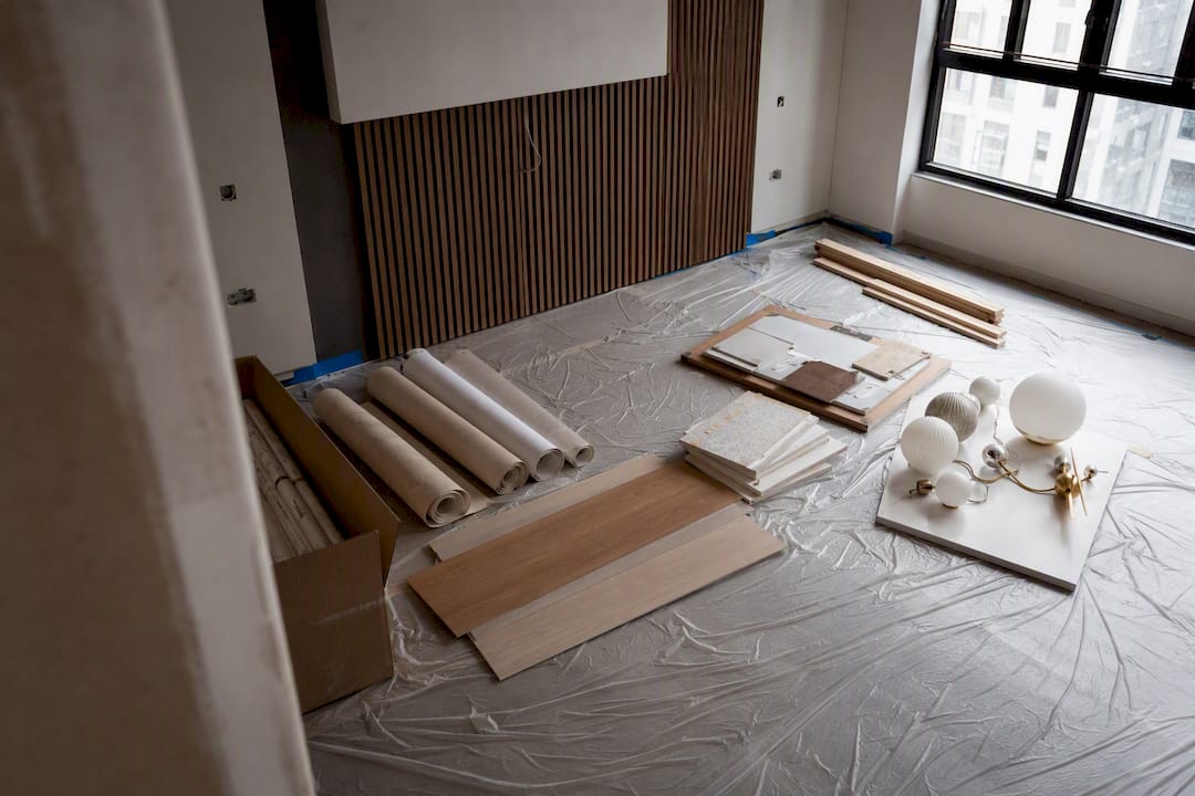 Stacked renovation materials in apartment