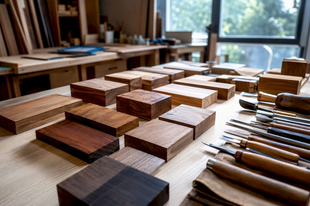 Raw wood samples and carpentry tools arranged