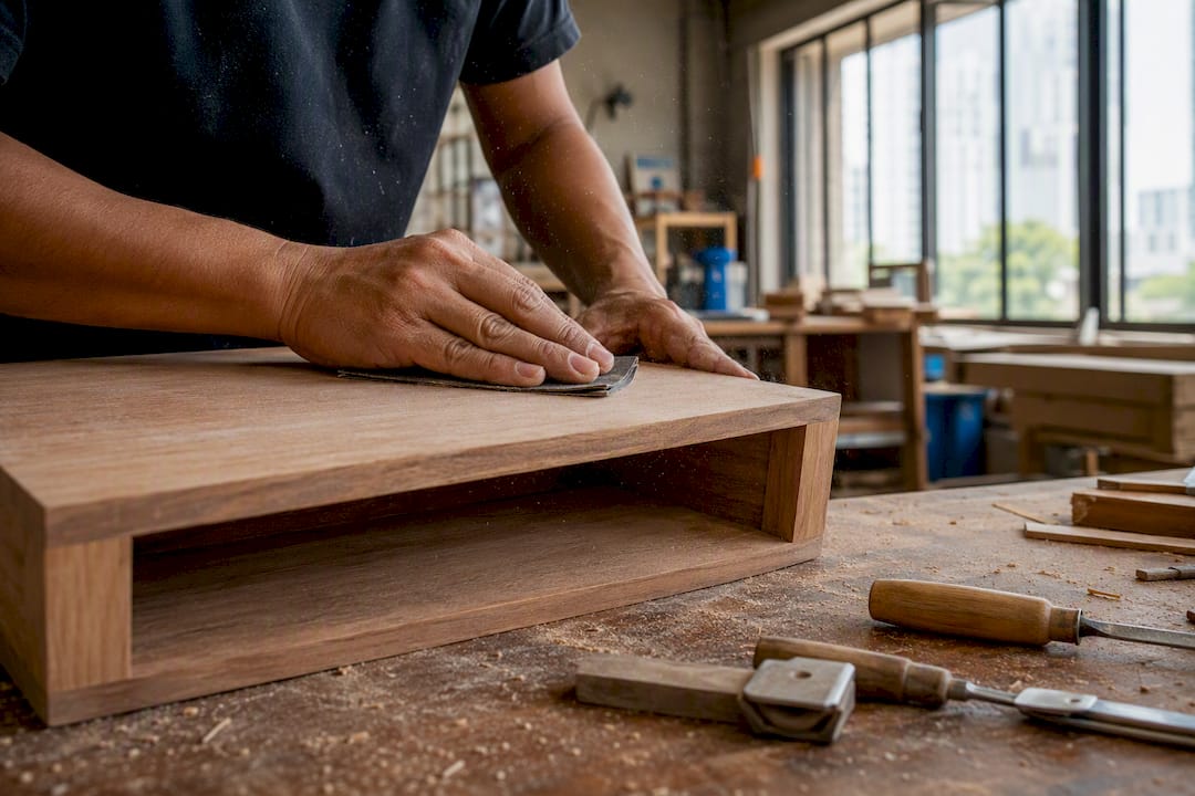 Asian carpenter sanding custom wood furniture