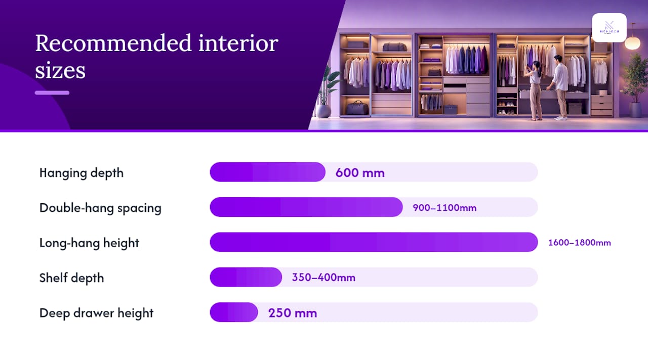 Diagram of wardrobe interior dimensions and layout