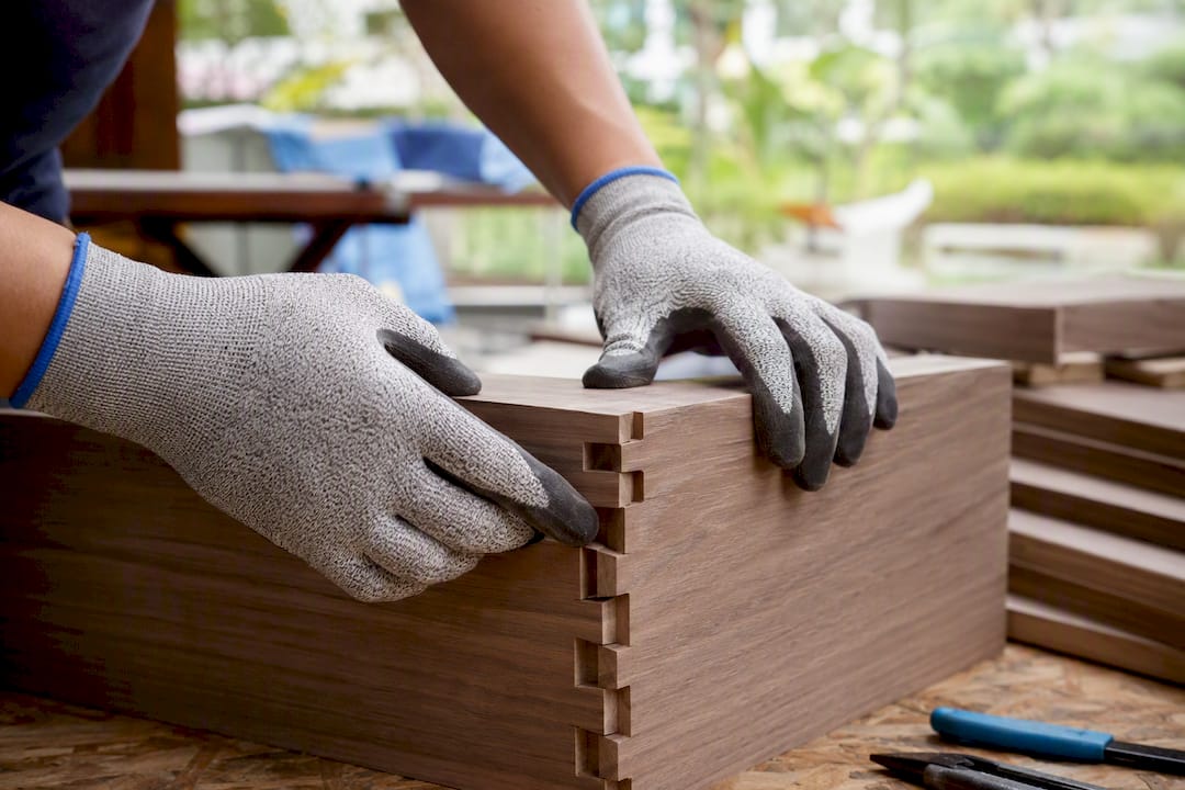 Carpenter's hands joining engineered wood panels