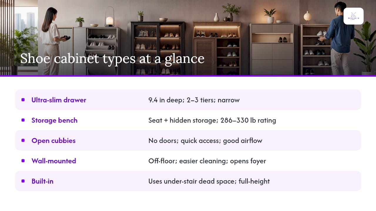 Comparison chart of shoe cabinet designs and dimensions