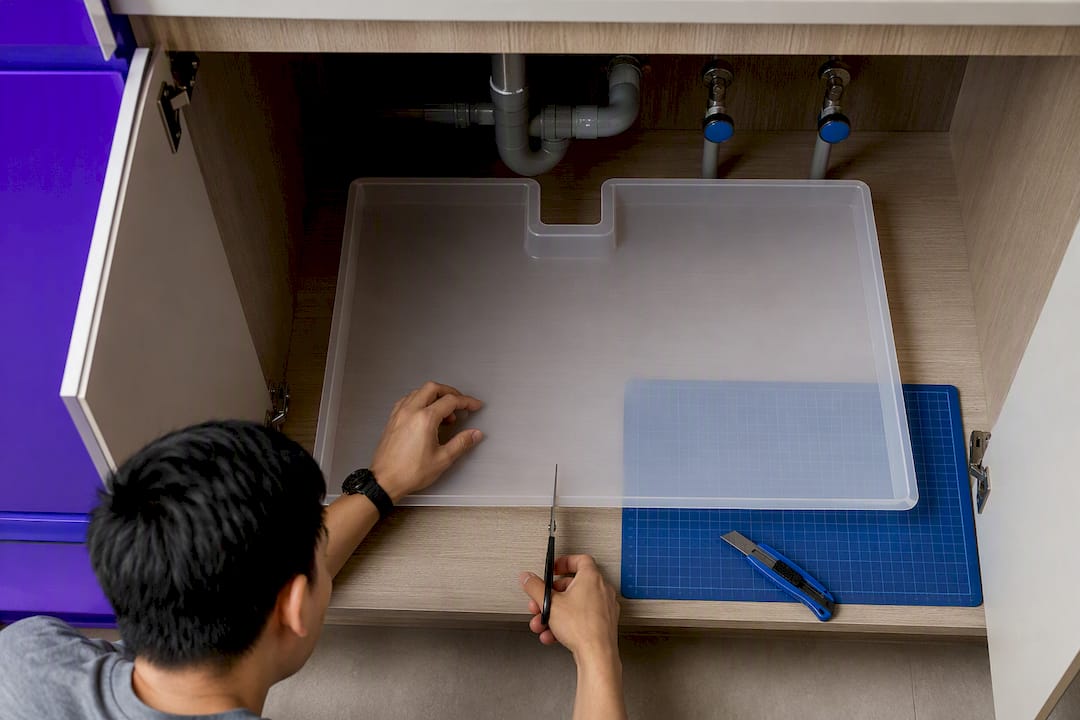 Homeowner fitting waterproof under sink tray