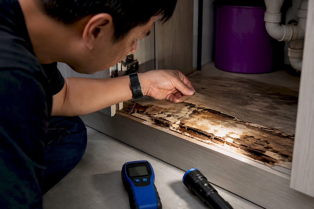 Carpenter inspecting swollen cabinet floor