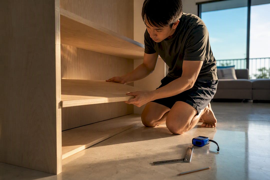 Singapore homeowner building partial bookshelf
