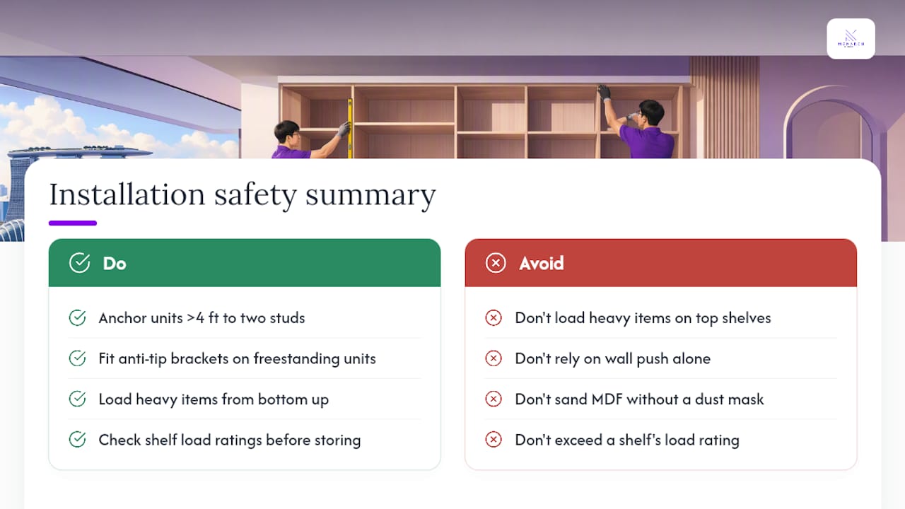 Built-in bookshelf anchoring and loading safety