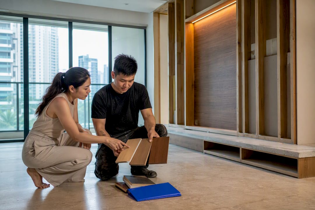 Singapore homeowners comparing renovation finish samples