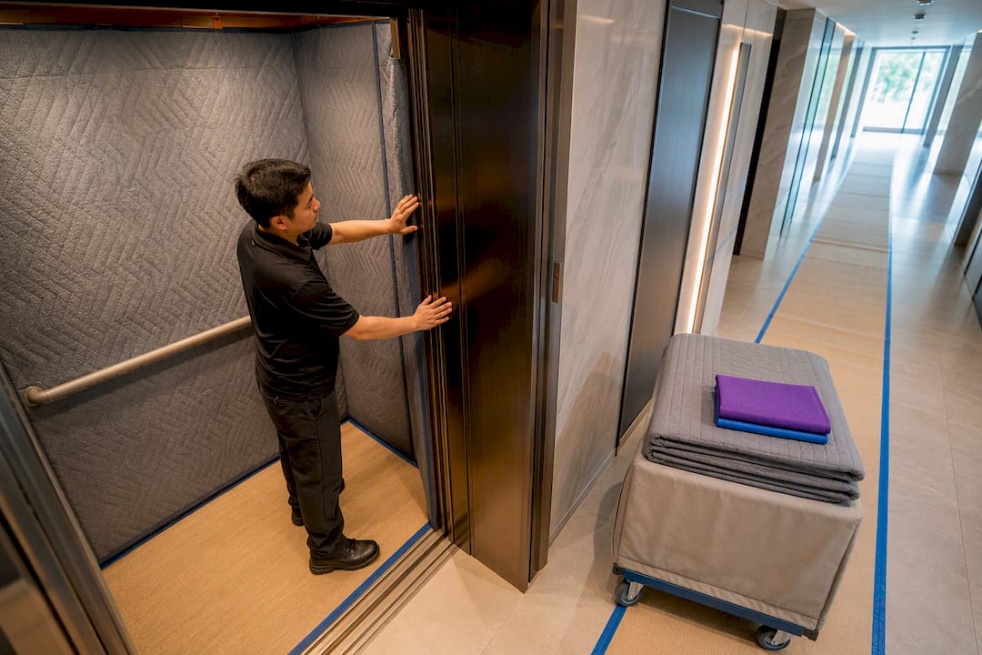 Building manager protecting elevator before delivery