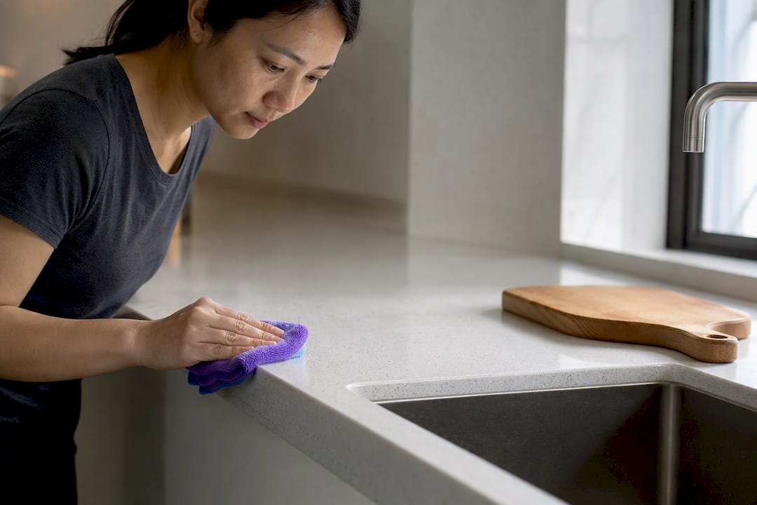 Homeowner wiping pale quartz kitchen countertop