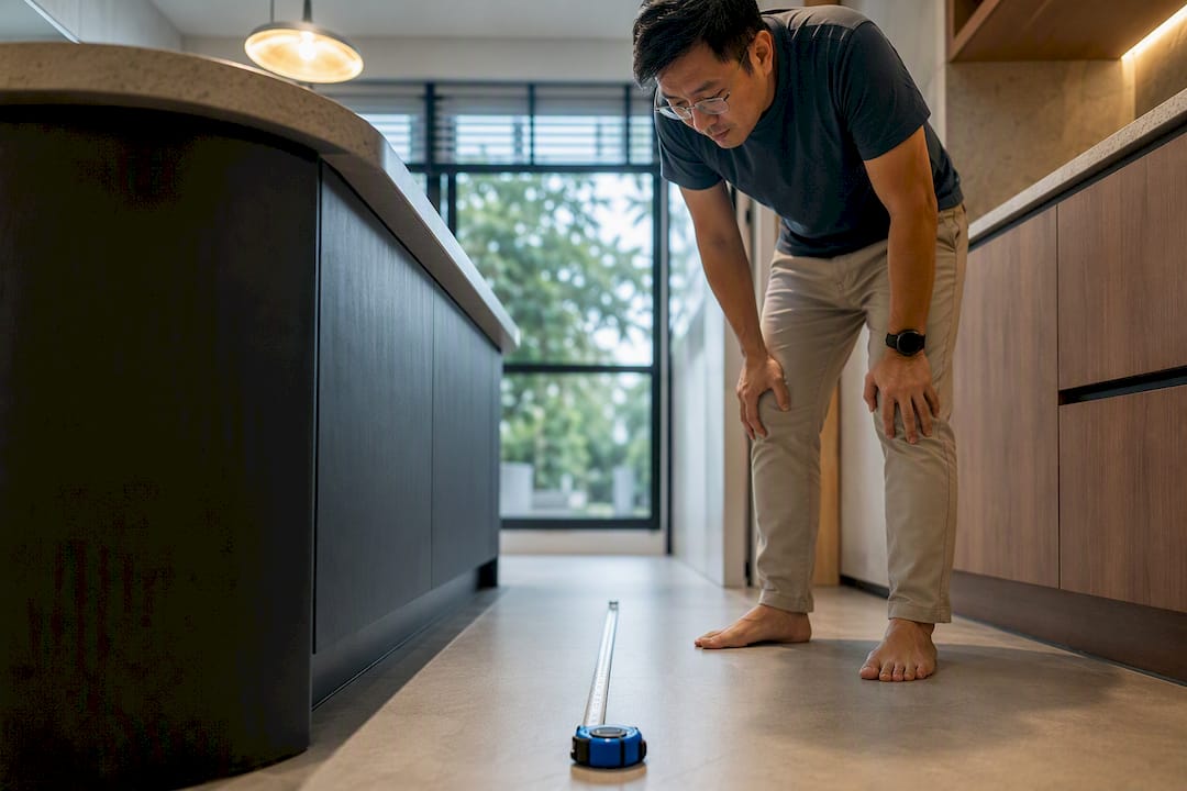 Asian homeowner measuring kitchen island aisle