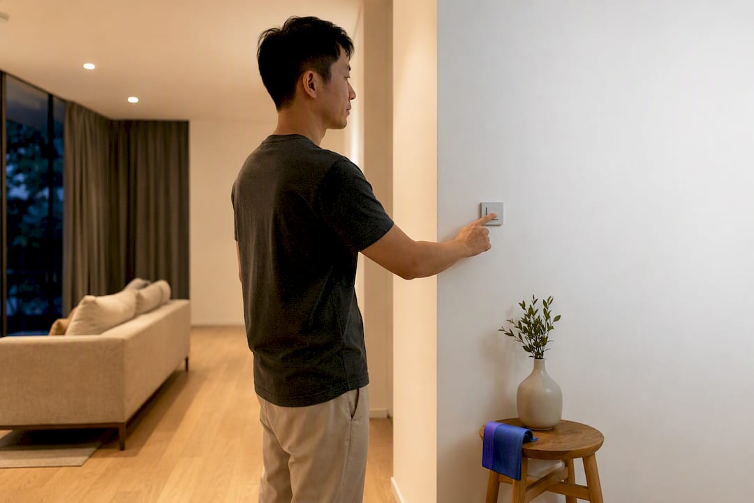 Asian homeowner adjusting light beside oak floor