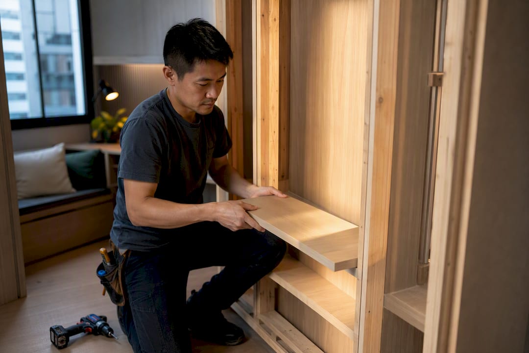 Carpenter fitting shelf into partition frame