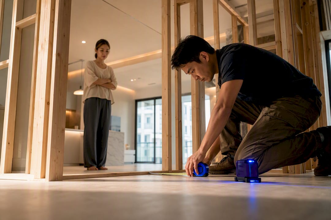 Asian carpenter measuring framed partition wall