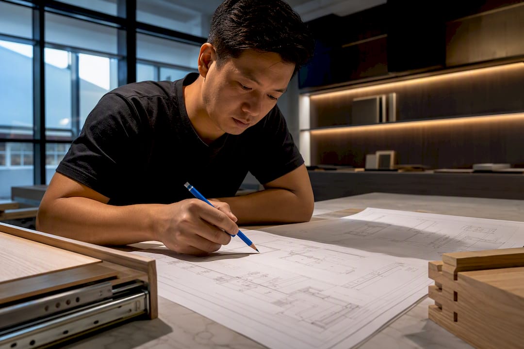 Singaporean carpenter reviewing joinery drawings