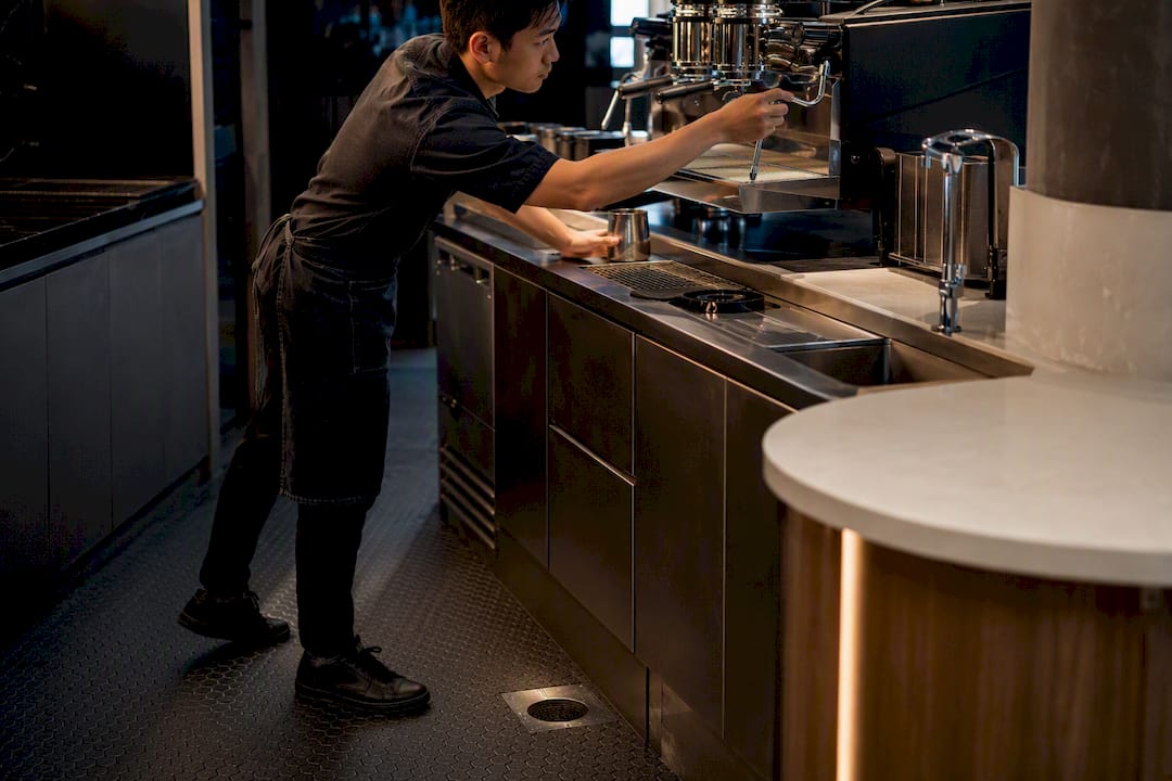 Cafe wet zone with drain and eased edge