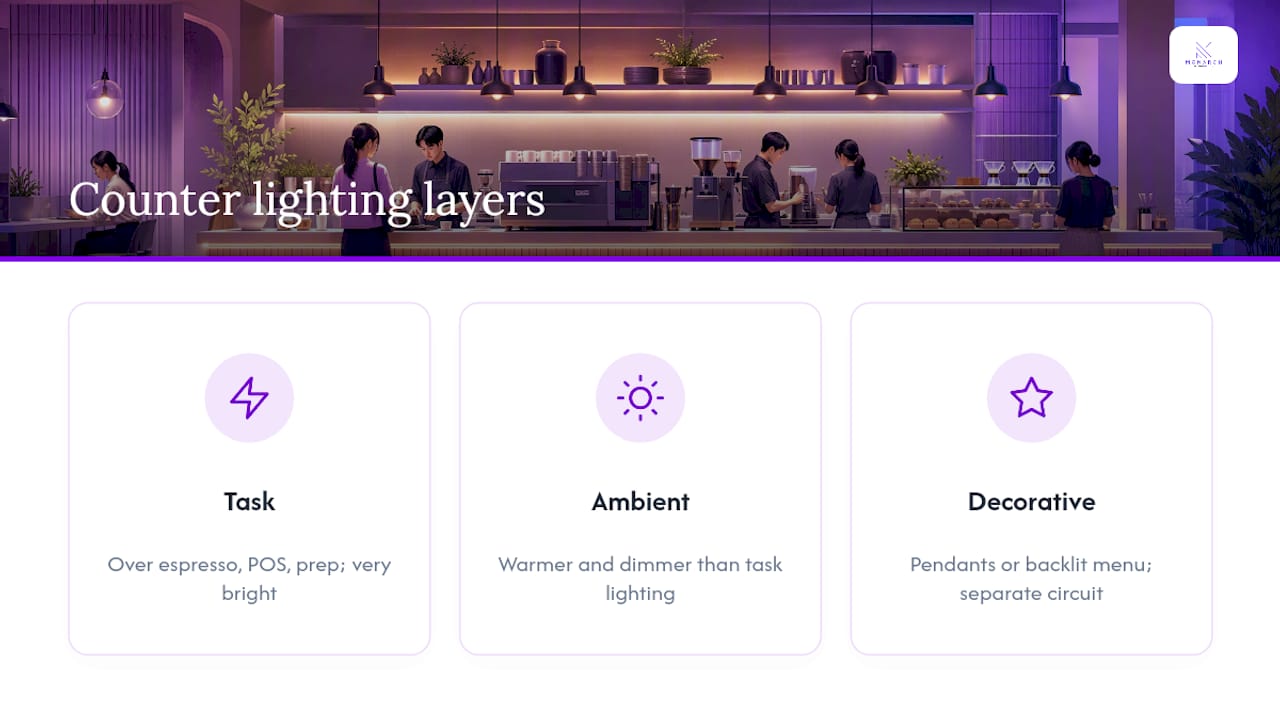 Three layered cafe counter lighting zones