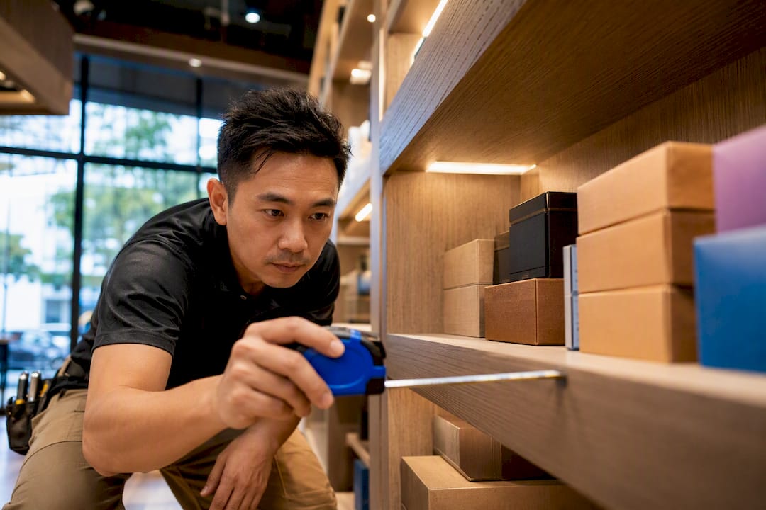 Asian carpenter measuring packed products on shelving