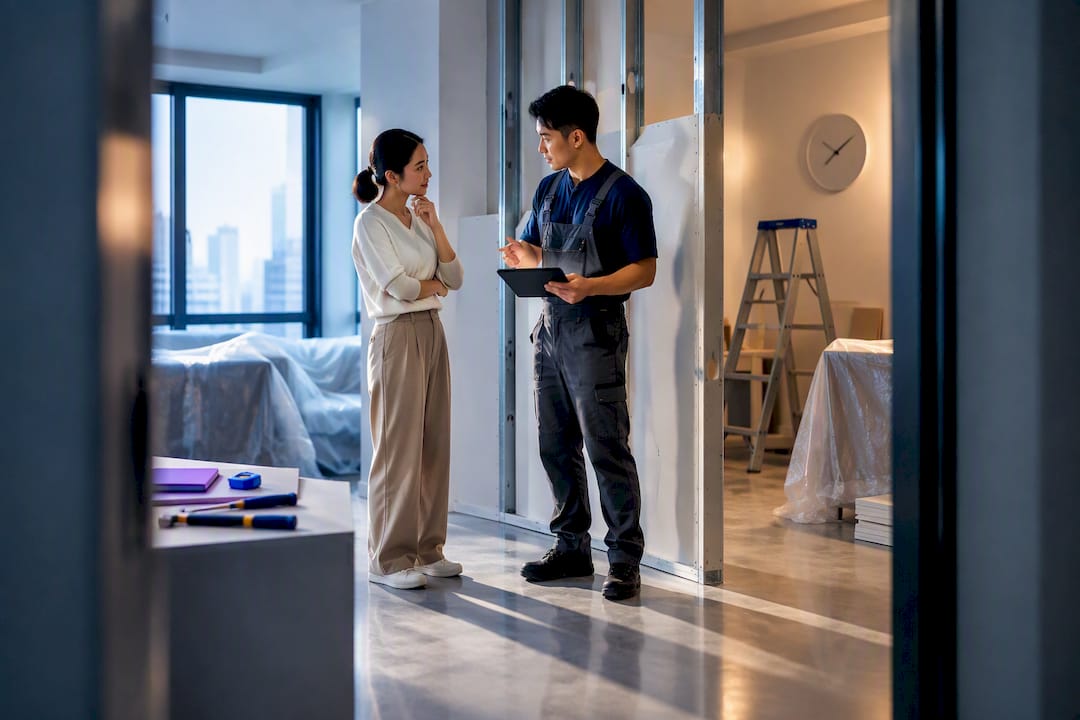 Asian homeowner reviewing renovation worksite compliance