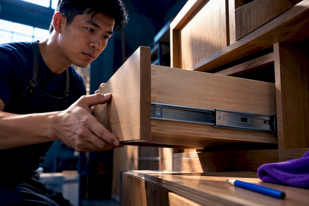 Singaporean carpenter inspecting drawer runner fit