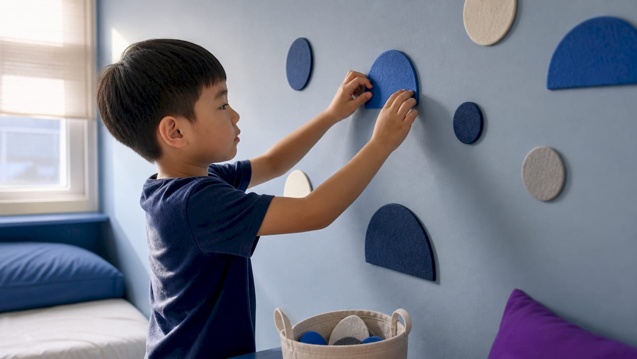 Singapore child arranging removable wall stickers