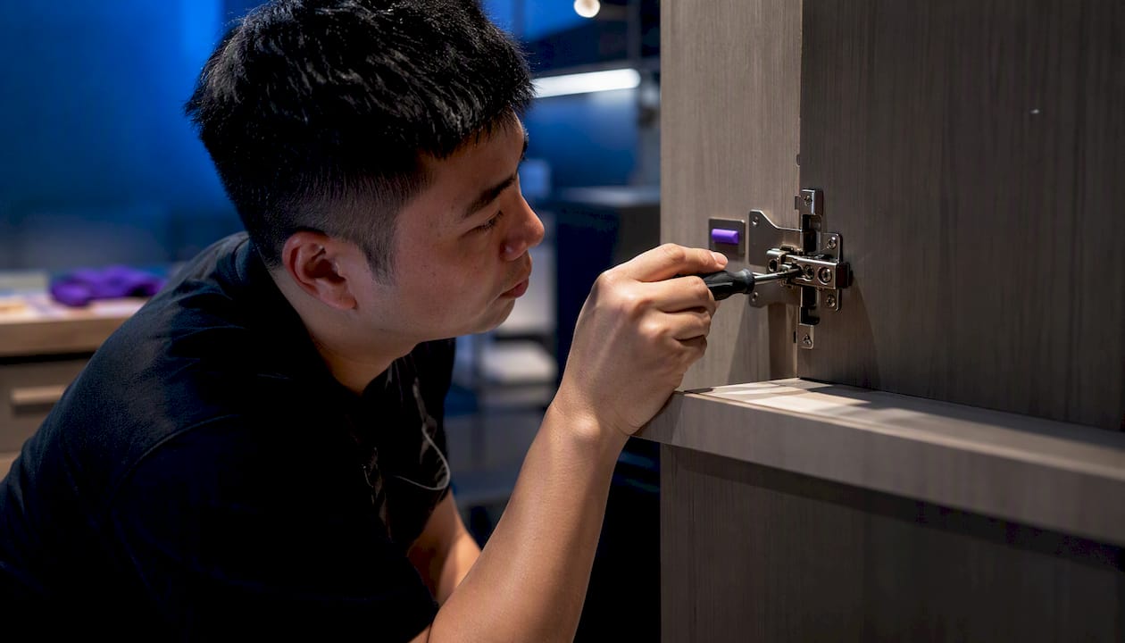 Installer adjusting a cabinet hinge