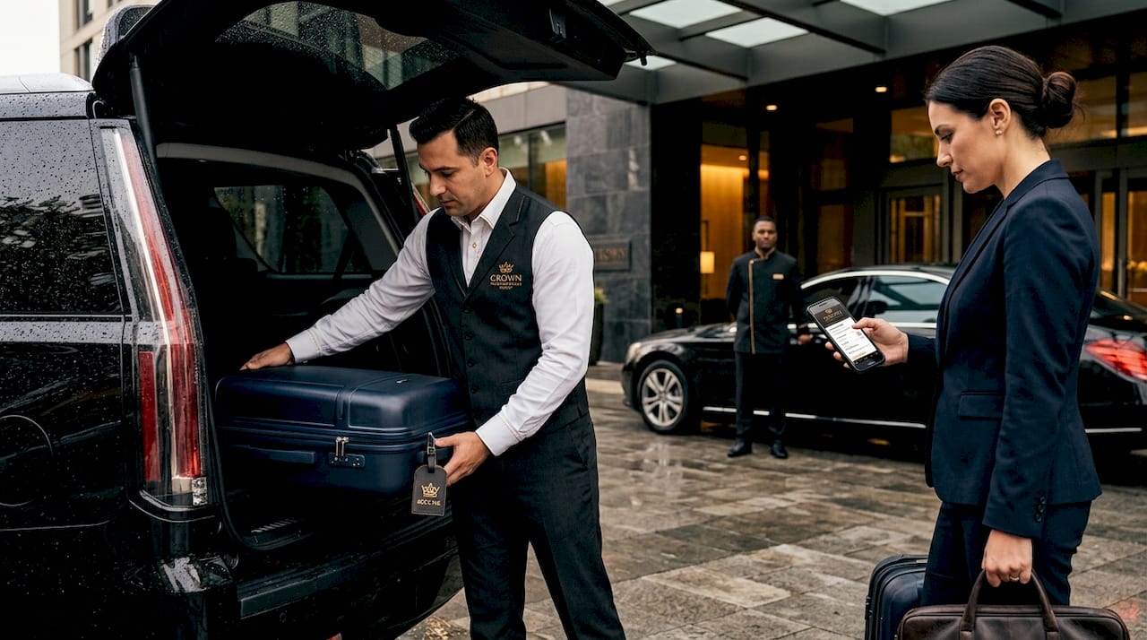 Hotel staff loading luggage into SUV for guest