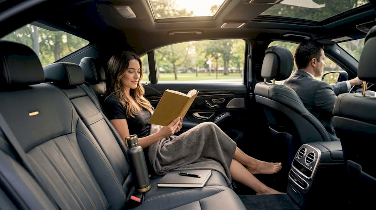 Relaxing in chauffeured car between leisure stops