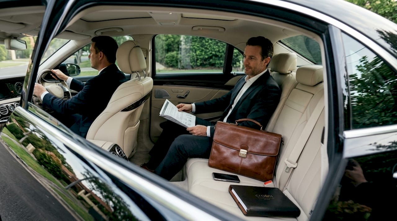 Corporate executive seated in a luxury car with chauffeur