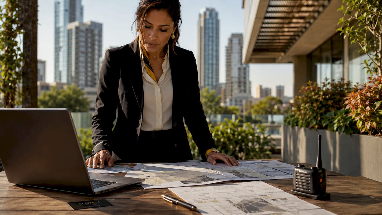 Security planner reviewing layered protection maps