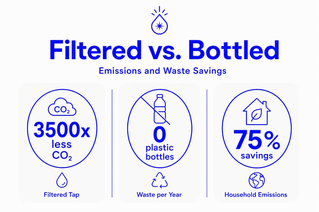 Infographic comparing filtered tap to bottled water emissions