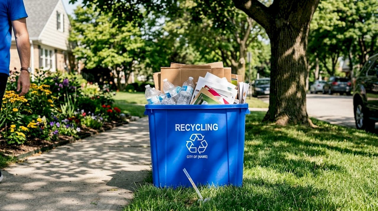 Overflowing curbside bin with plastic bottles