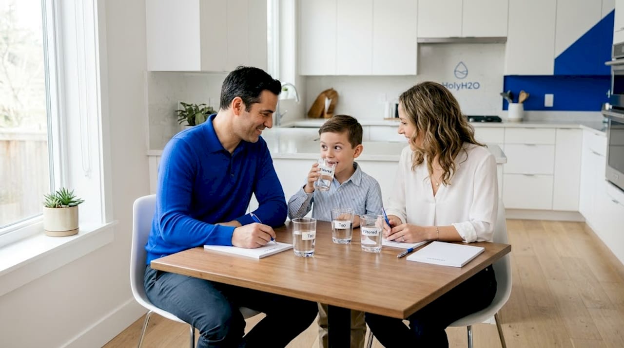 Family comparing tap water and filtered water at home