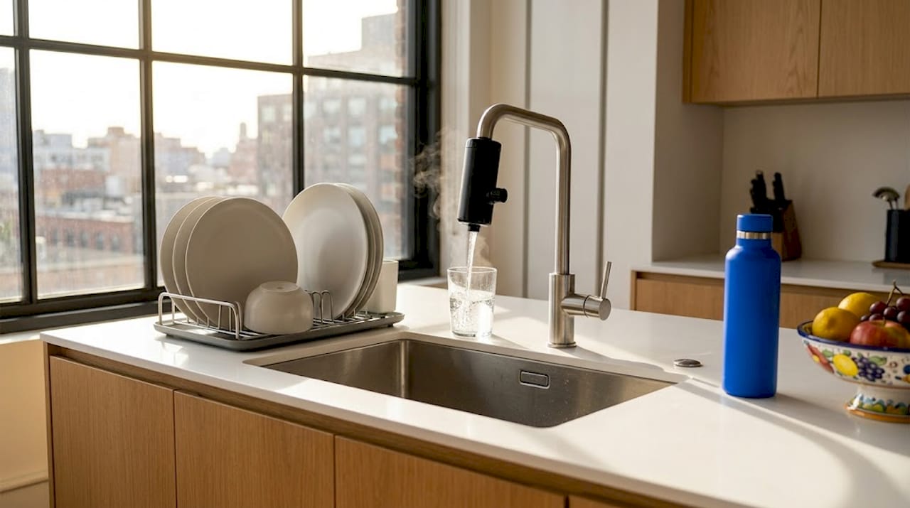 Apartment kitchen with benchtop water filter in use