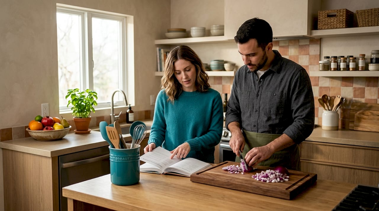 Couple cooking together showing teamwork