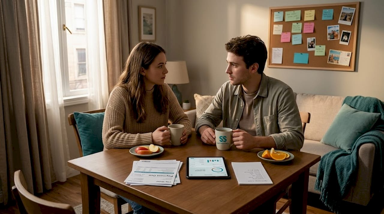 Couple discusses finances at kitchen table