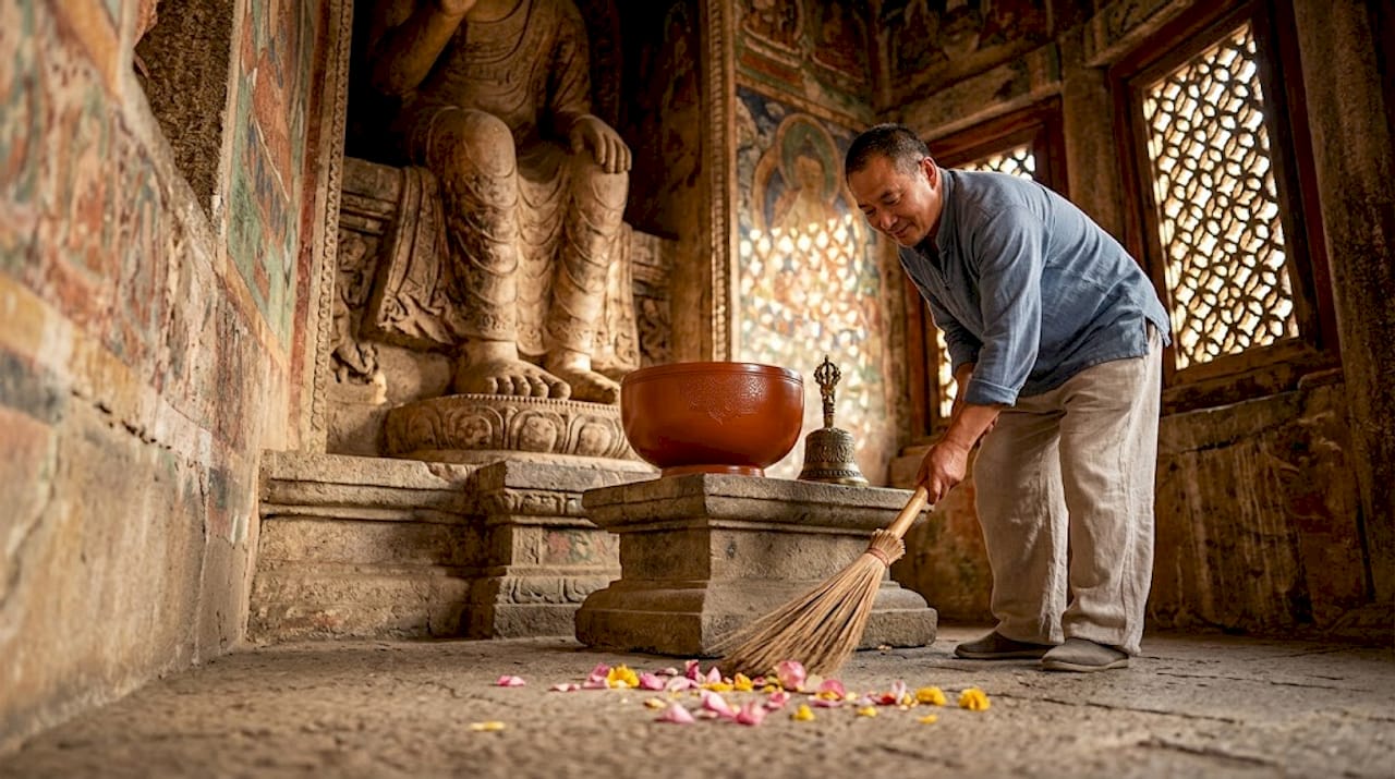 Caretaker at Buddhist temple statue
