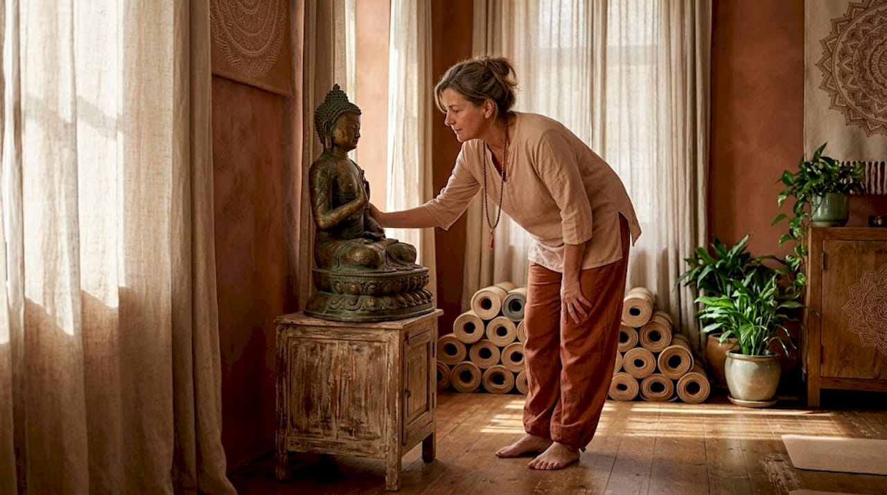 Yoga studio owner checking Buddha statue placement