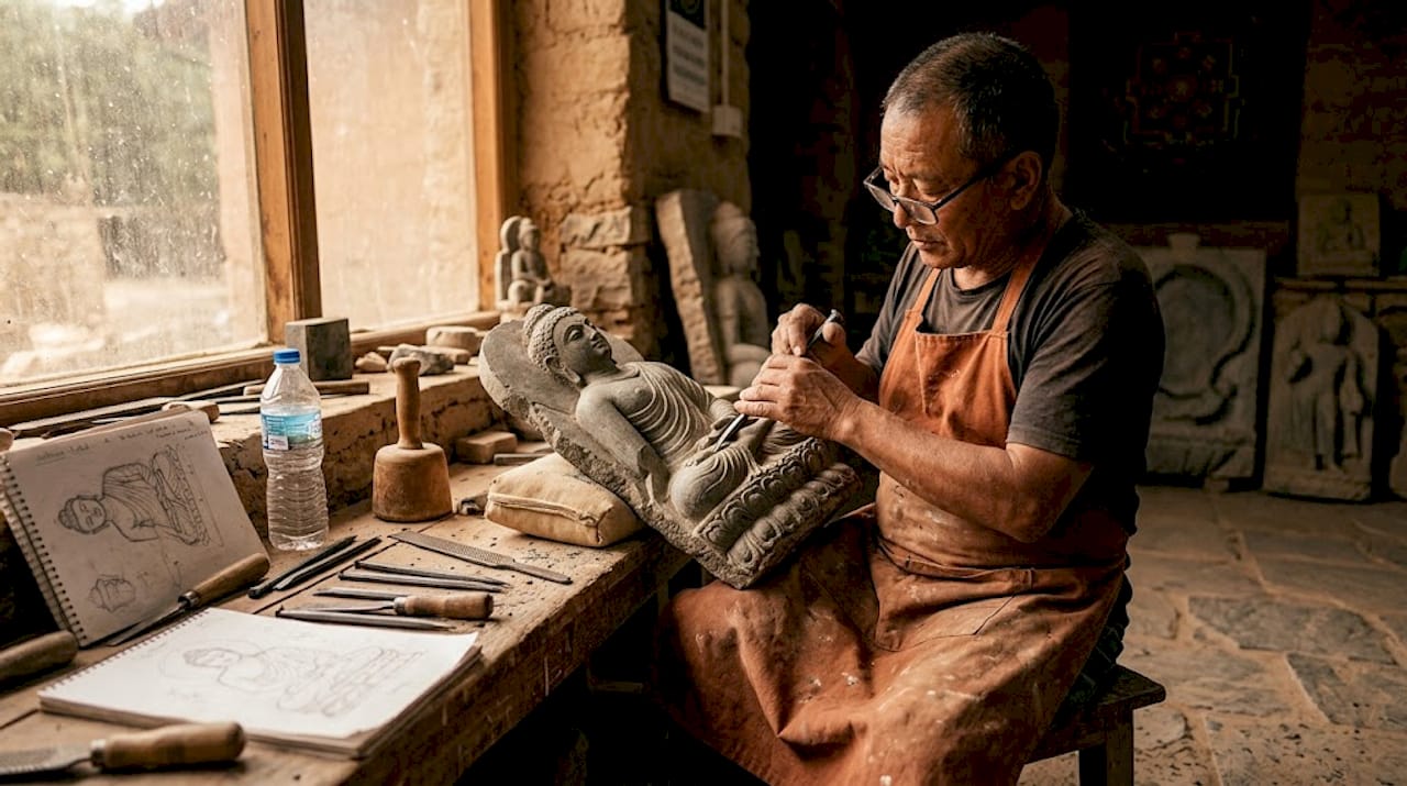 Figura de Buda de esquisto tallada artesanalmente.